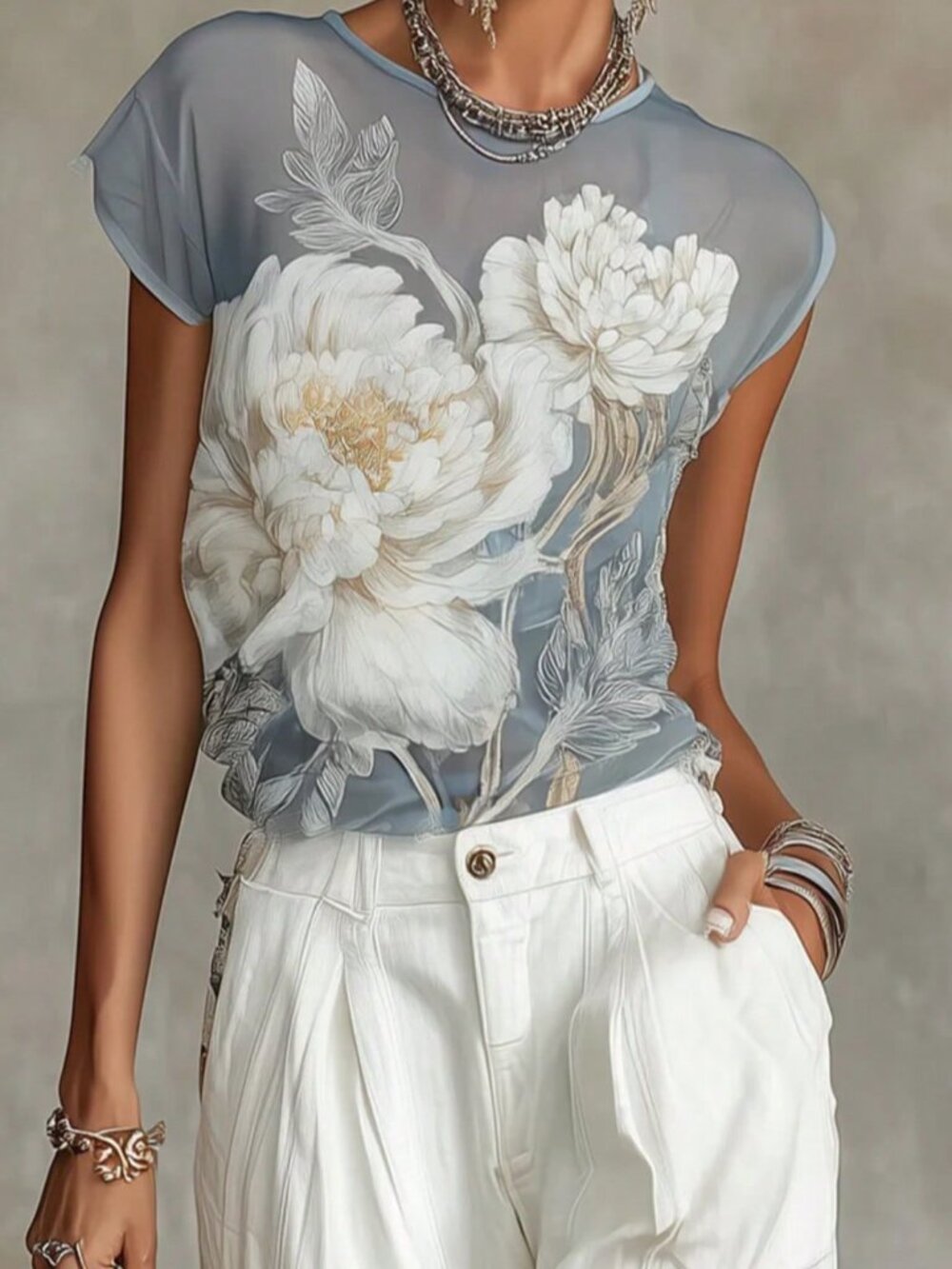 Blue Casual Women's Bohemian Vacation Sheer Floral Print Chiffon Blouse
